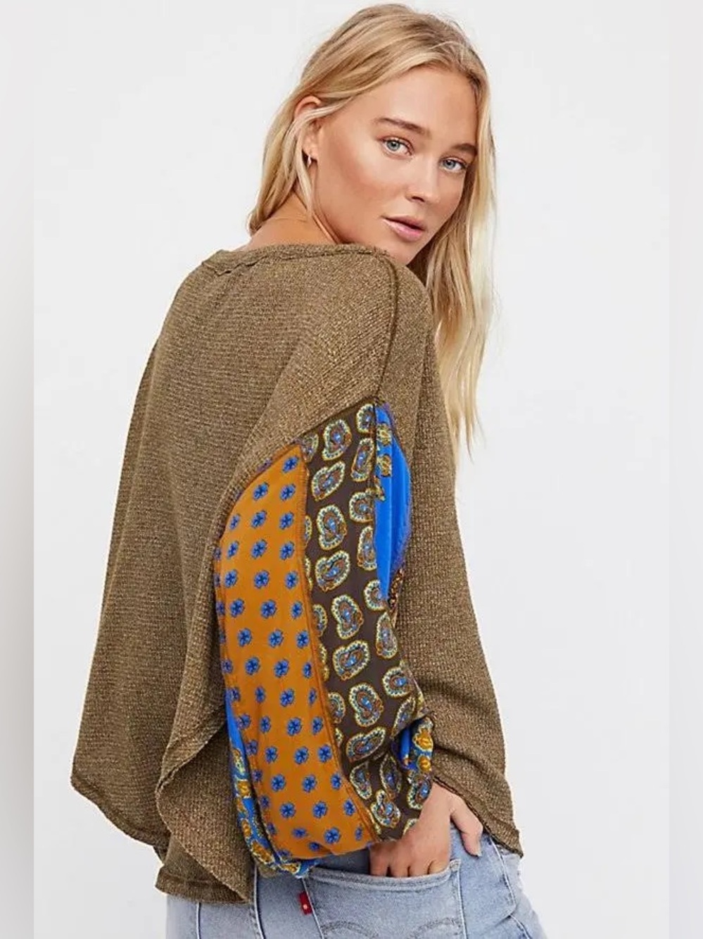 Free People Blossom Thermal Olive Combo Silk Balloon Sleeve Blouse